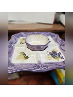 Vintage Tabletops Unlimited Handpainted Merlot Serving Platter with Dipping Bowl